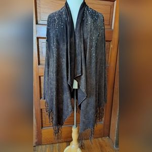 Vocal Cardigan in distressed Brown w/silver stud bling and fringe.  Size L